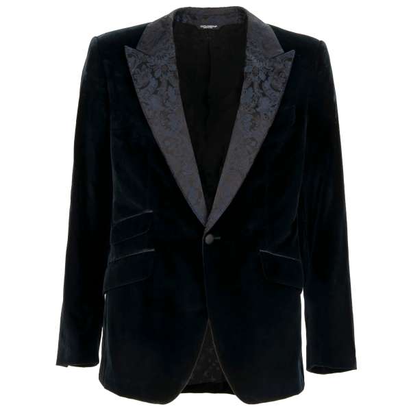 Velvet and silk SICILIA Model Blazer with contrast jacquard lapel and pockets in blue by DOLCE & GABBANA