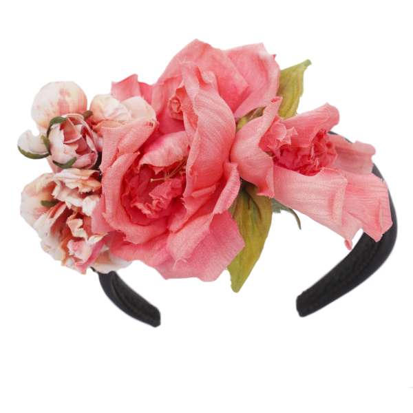 Hairband embelished with silk flowers in pink and black by DOLCE & GABBANA