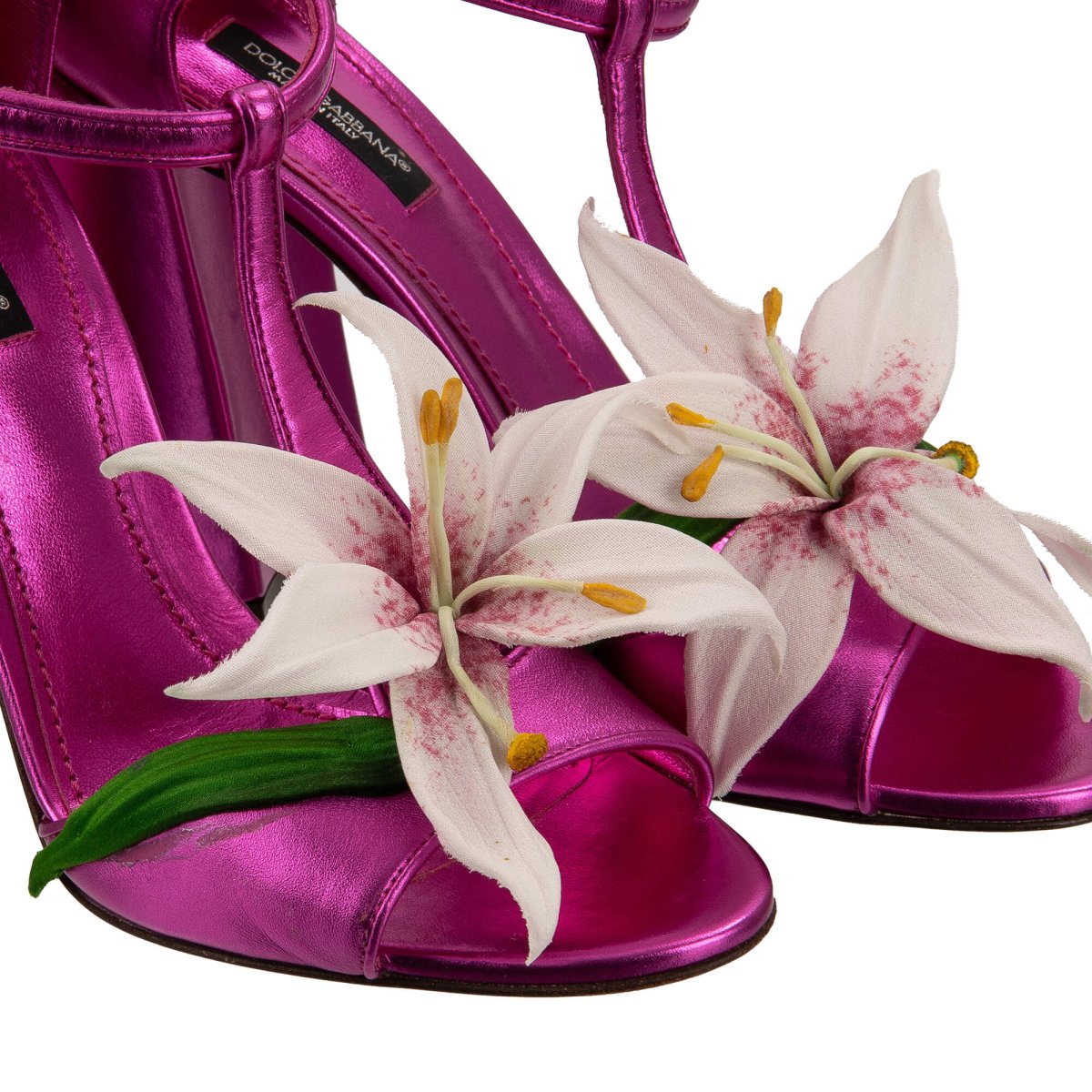 Dolce Gabbana Lily Flower Crystal Brooch Leather Pumps Sandals KEIRA Pink FASHION ROOMS