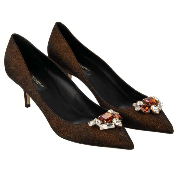 Jacquard pointed Pumps BELLUCCI with crystals brooch in brown by DOLCE & GABBANA