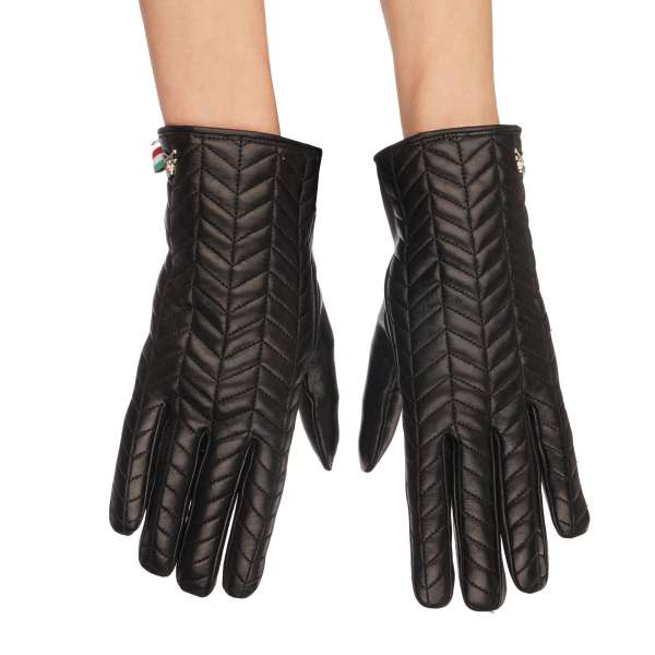 Leather and Cashmere Gloves with metal skull in black by PHILIPP PLEIN