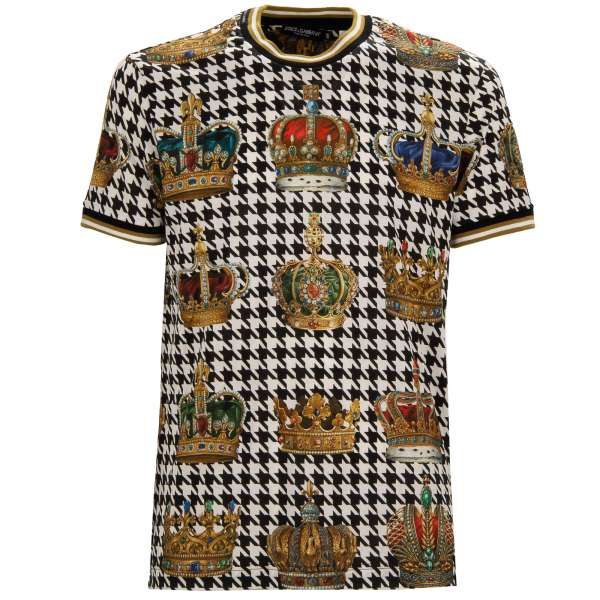 Baumwolle T-Shirt mit Barock Krone und Hahnentritt Print und gerippten Elementen in Schwarz, Weiß und Gold von DOLCE & GABBANA