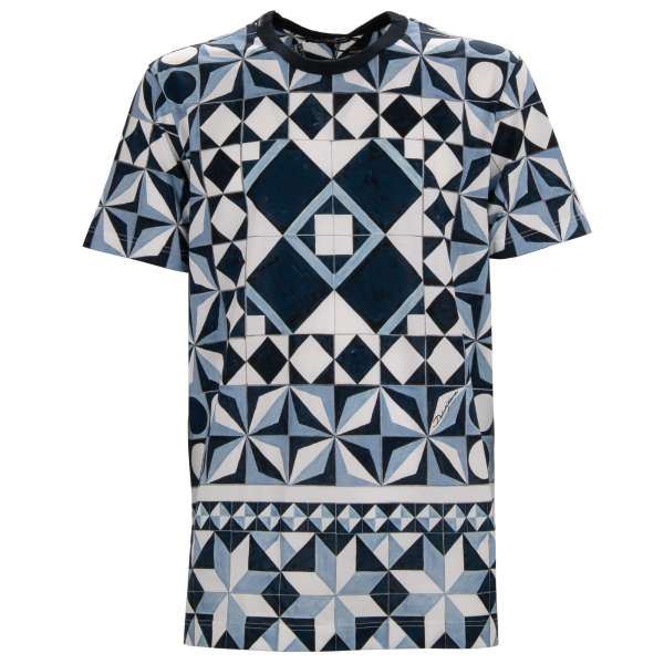 Baumwolle T-Shirt mit Gio Ponti Design Motiv in Blau und Weiß von DOLCE & GABBANA