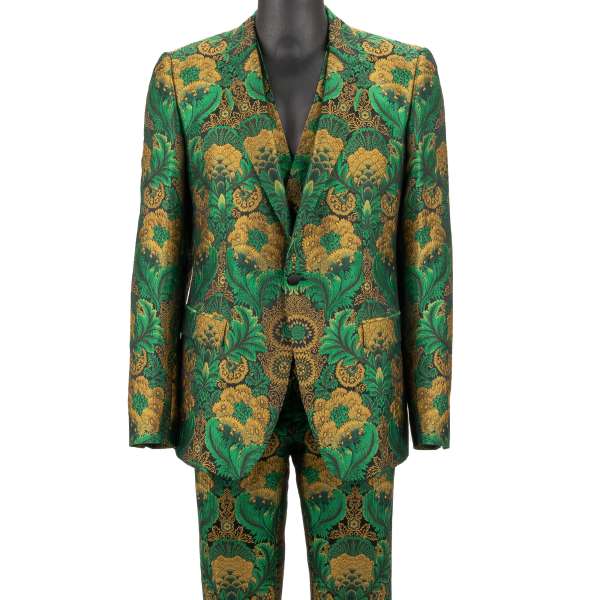 Carretto Pattern and DG Logo Jacquard 3 piece suit with peak lapel in gray and black by DOLCE & GABBANA 