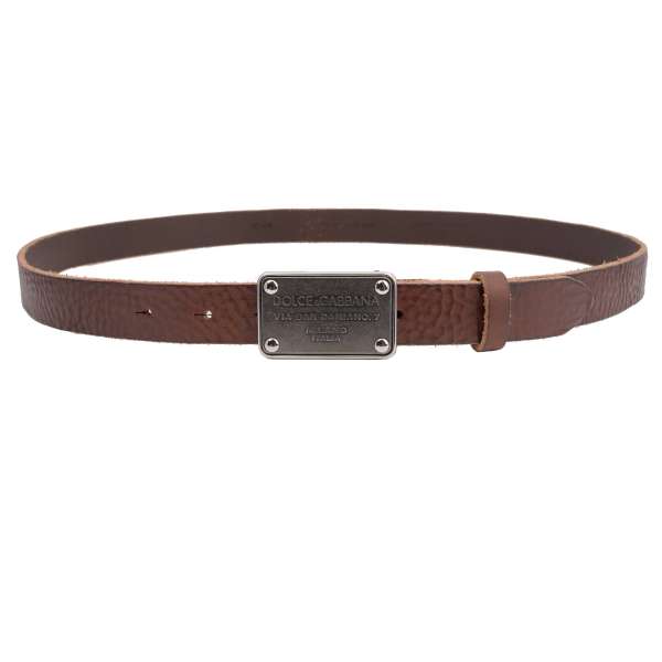 Leather belt with DG Logo metal buckle plate in brown by DOLCE & GABBANA