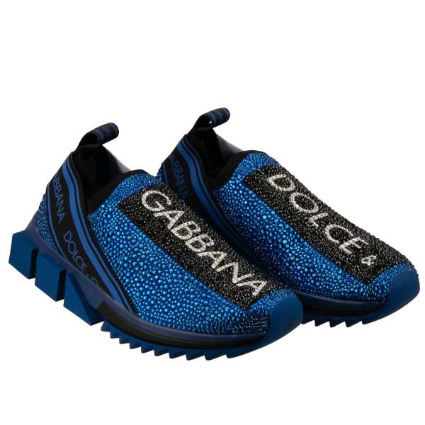 Elastic Slip-On Sneaker SORRENTO with Dolce&Gabbana Logo stripes and Crystals in blue and black by DOLCE & GABBANA